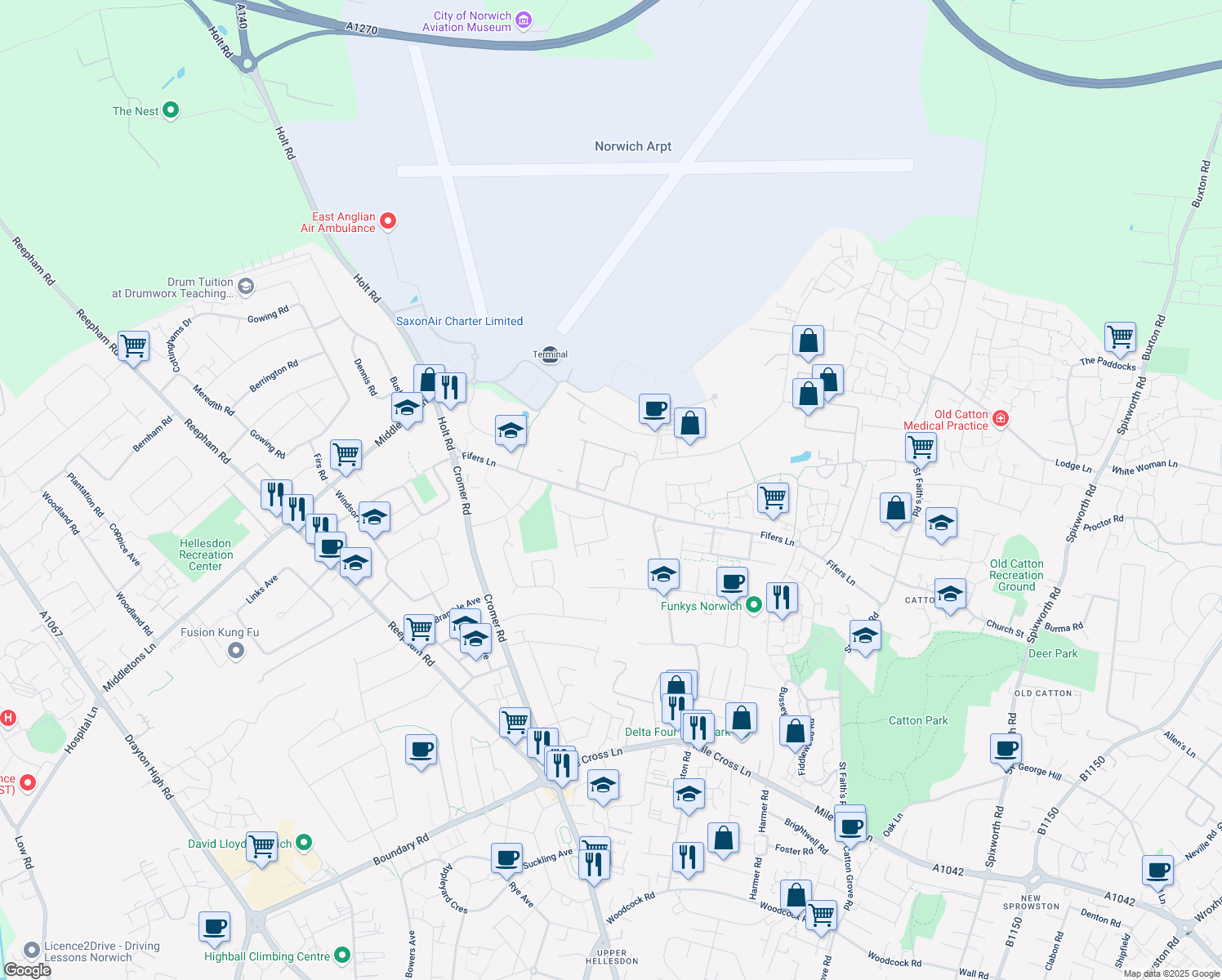 map of restaurants, bars, coffee shops, grocery stores, and more near  in Norwich