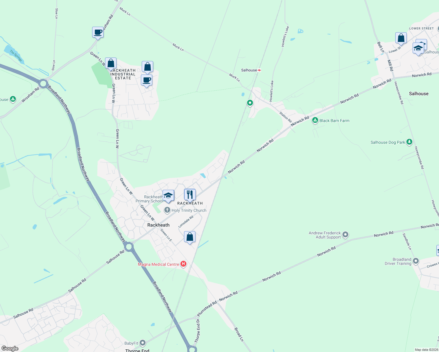 map of restaurants, bars, coffee shops, grocery stores, and more near Salhouse Road in Norfolk