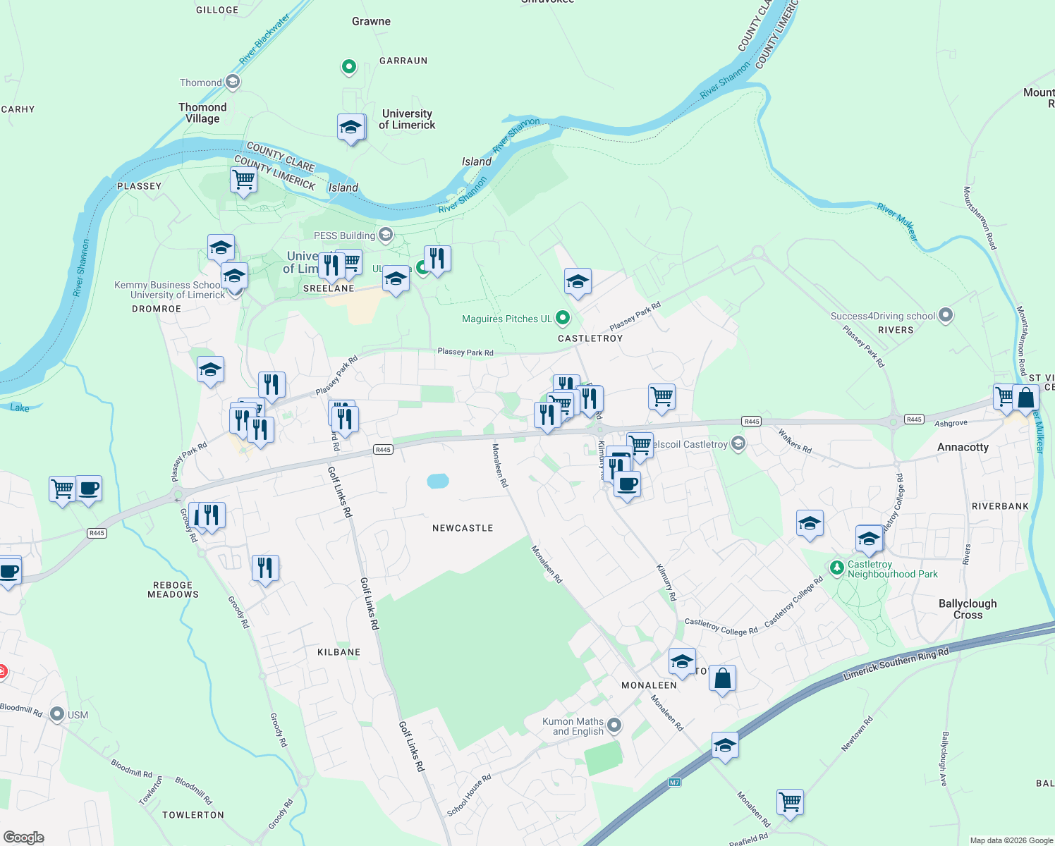 map of restaurants, bars, coffee shops, grocery stores, and more near 250 Elm Grove Close in Limerick