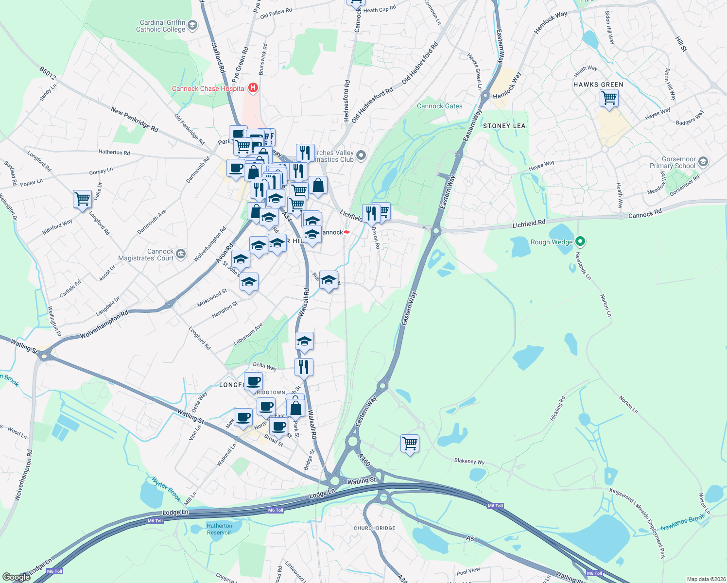 map of restaurants, bars, coffee shops, grocery stores, and more near Rumer Hill Road in Staffordshire