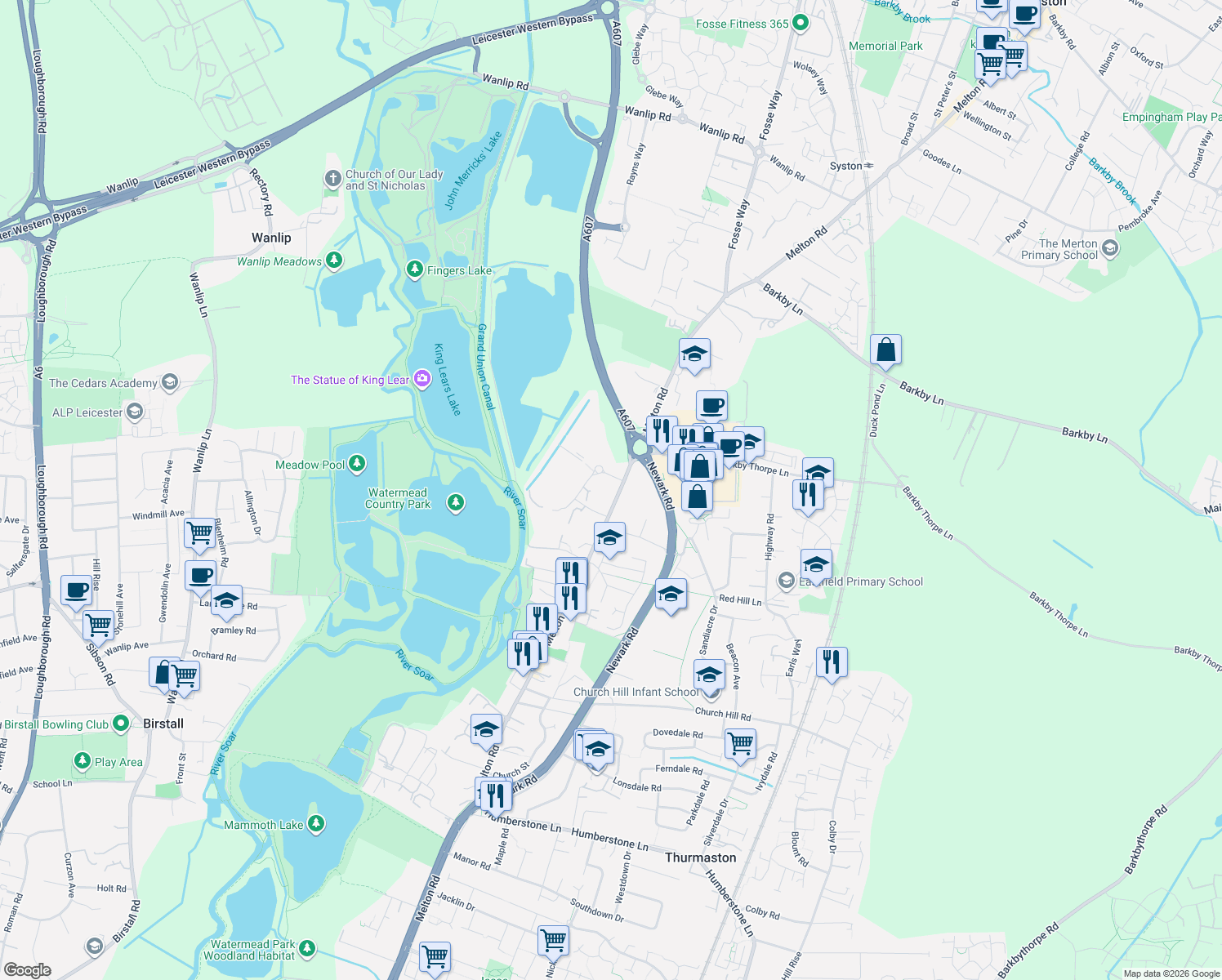 map of restaurants, bars, coffee shops, grocery stores, and more near 854 Melton Road in Thurmaston