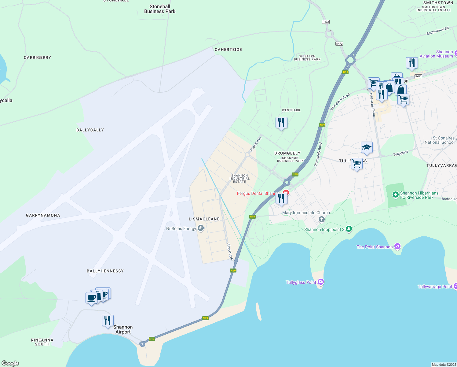 map of restaurants, bars, coffee shops, grocery stores, and more near Airport Avenue in Shannon