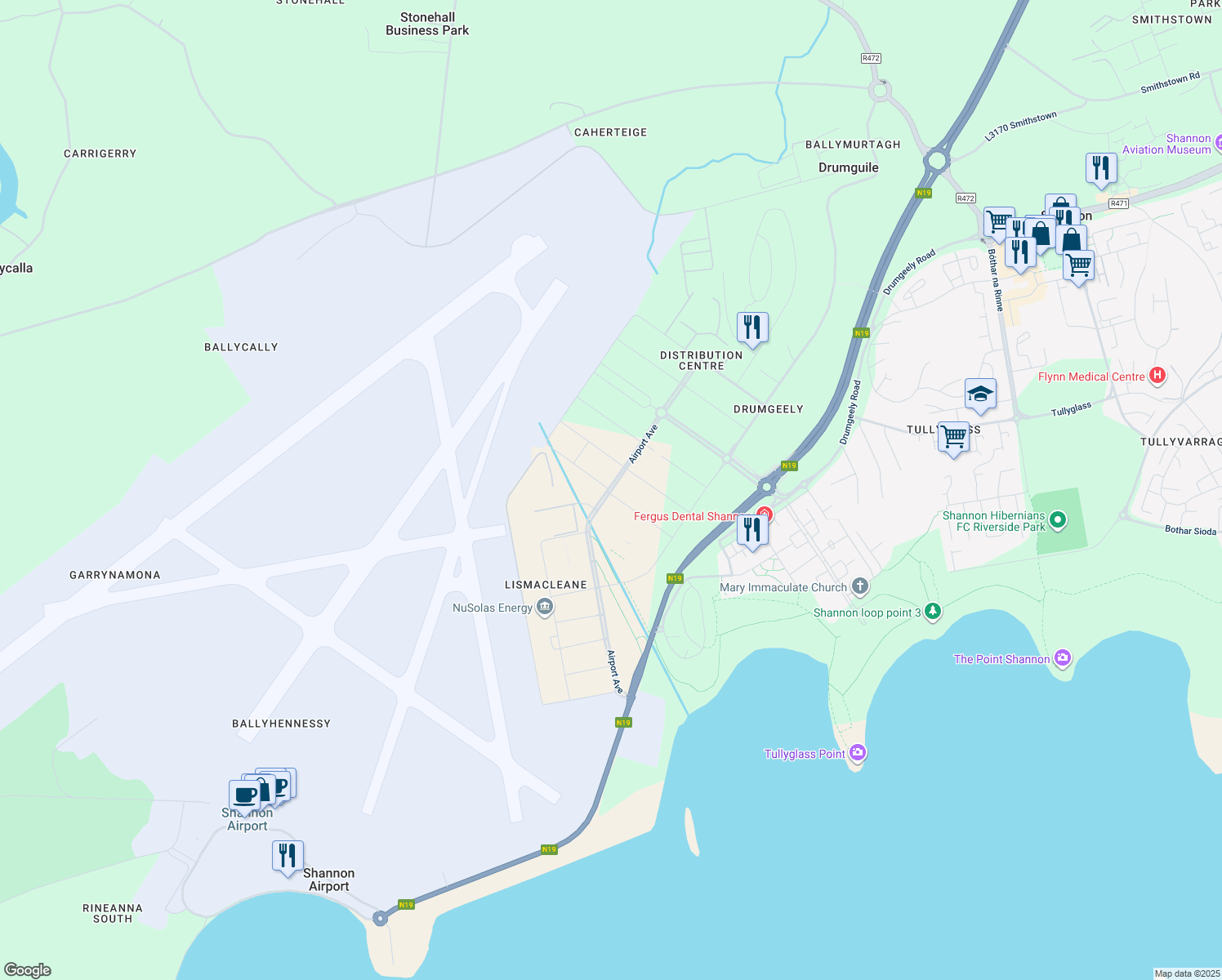 map of restaurants, bars, coffee shops, grocery stores, and more near Airport Avenue in Shannon
