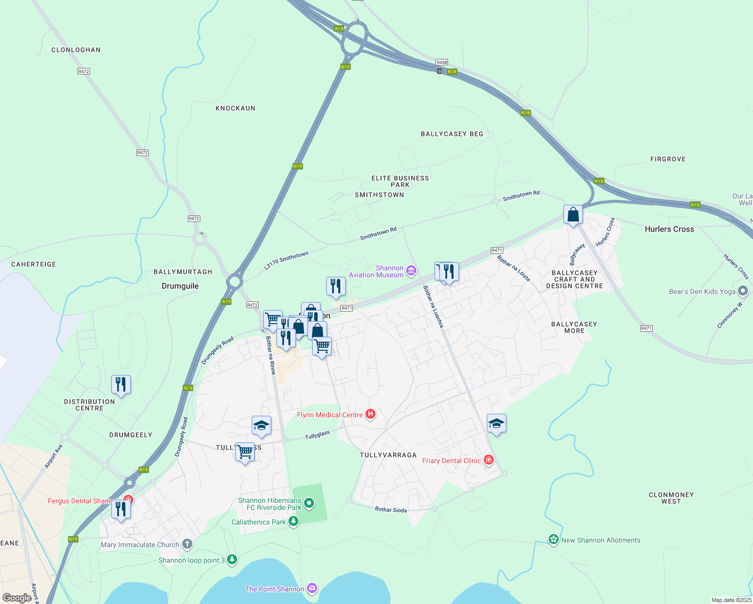 map of restaurants, bars, coffee shops, grocery stores, and more near in Clare