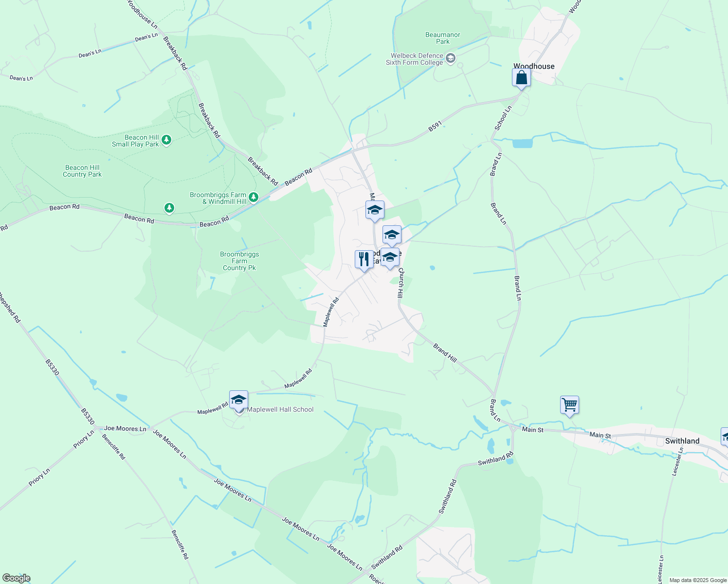 map of restaurants, bars, coffee shops, grocery stores, and more near 32 Hill Rise in Woodhouse Eaves