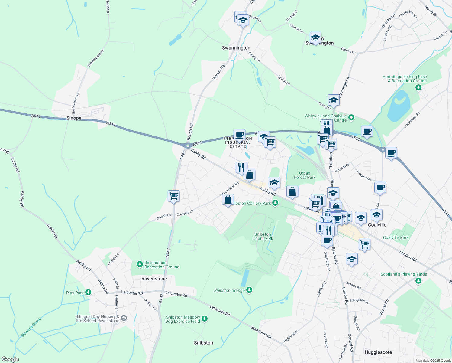 map of restaurants, bars, coffee shops, grocery stores, and more near Charles Street in Leicestershire
