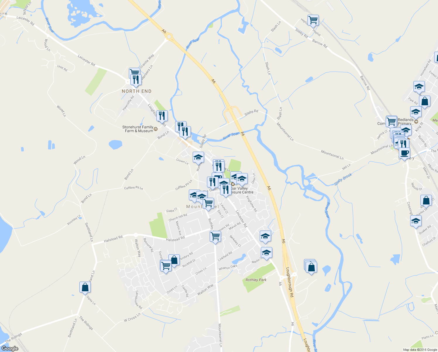 map of restaurants, bars, coffee shops, grocery stores, and more near 85 Leicester Road in Mountsorrel