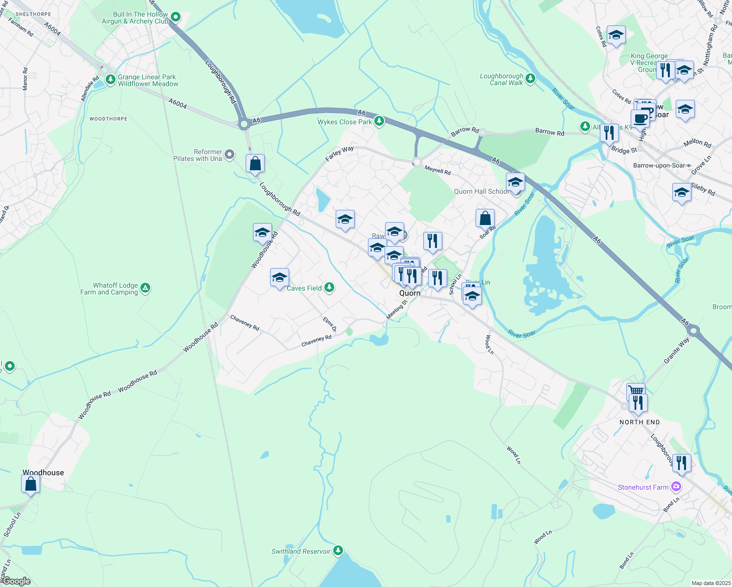 map of restaurants, bars, coffee shops, grocery stores, and more near Sanders Road in Quorn
