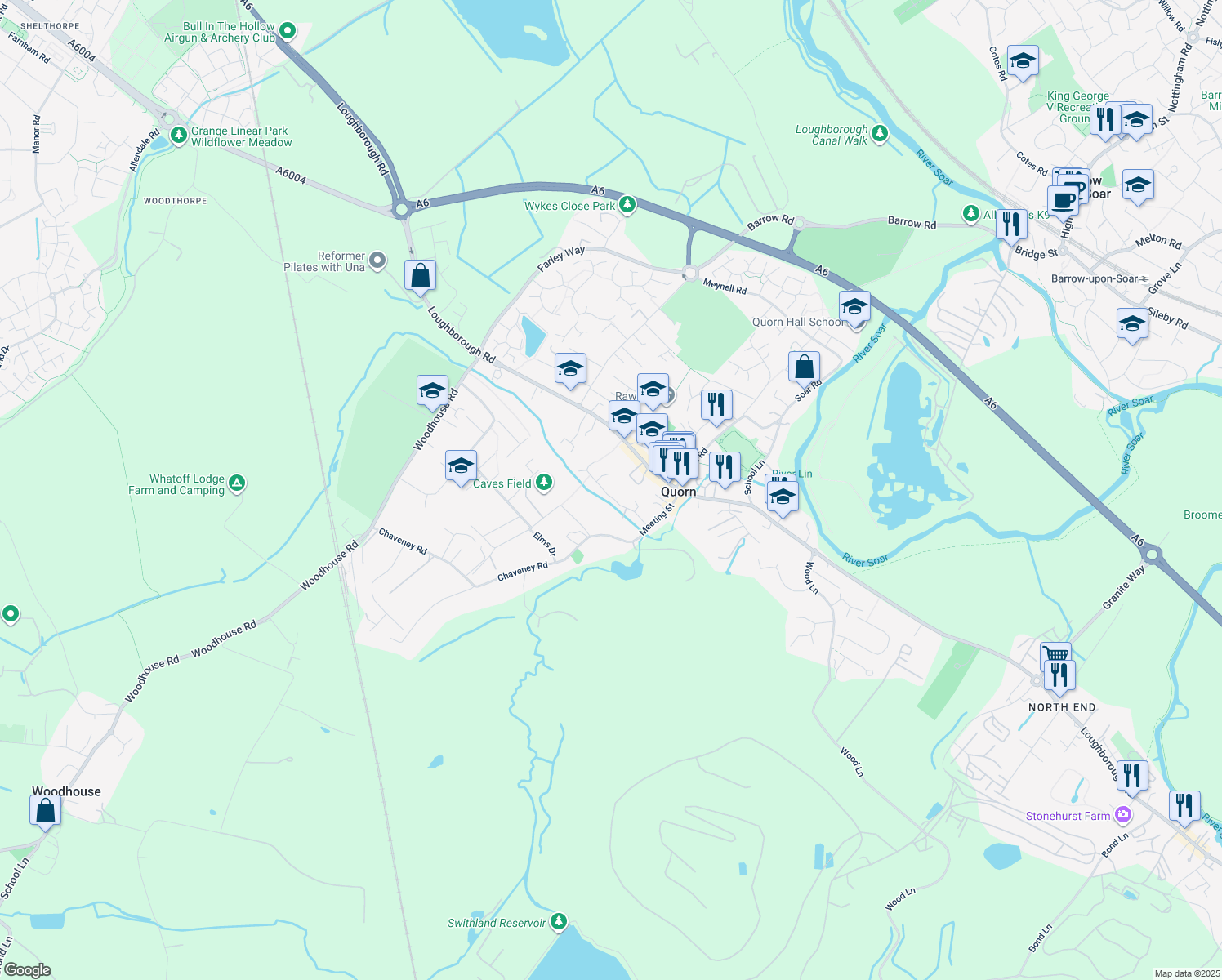 map of restaurants, bars, coffee shops, grocery stores, and more near Sanders Road in Quorn