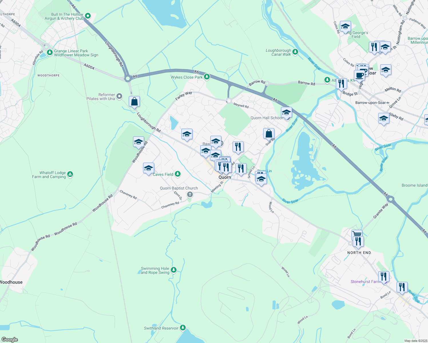 map of restaurants, bars, coffee shops, grocery stores, and more near High Street in Quorn