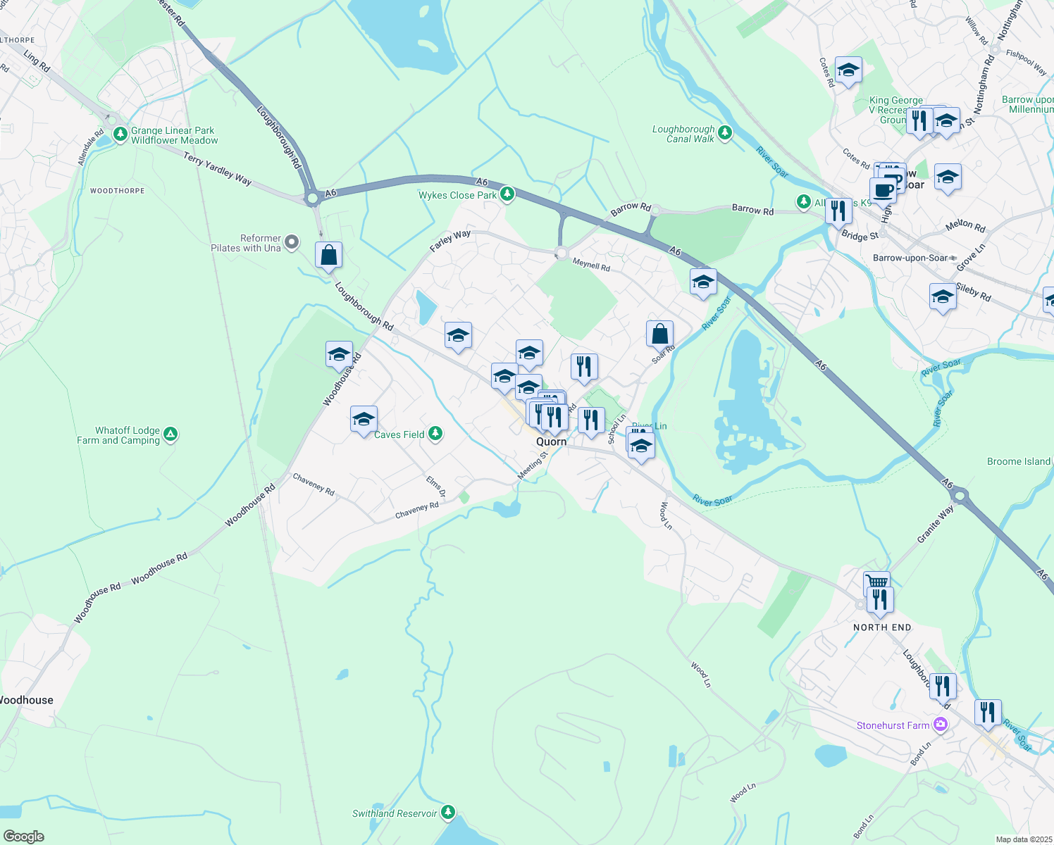 map of restaurants, bars, coffee shops, grocery stores, and more near High Street in Quorn