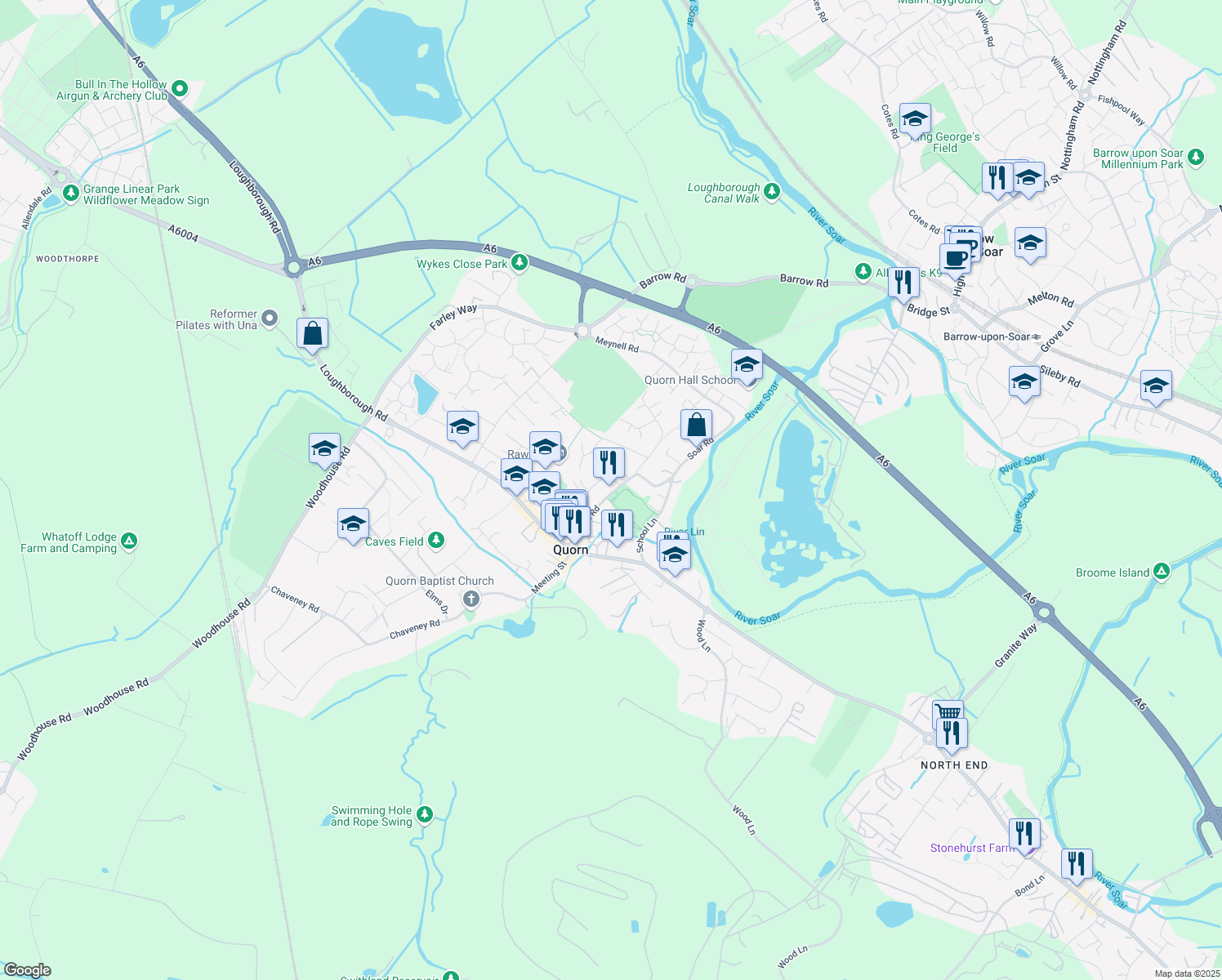 map of restaurants, bars, coffee shops, grocery stores, and more near Station Road in Quorn