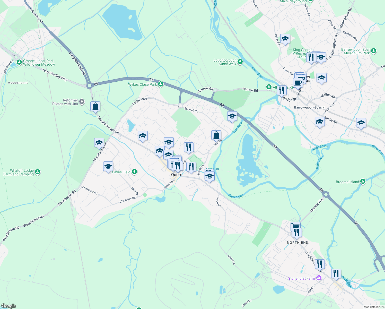 map of restaurants, bars, coffee shops, grocery stores, and more near Station Road in Quorn