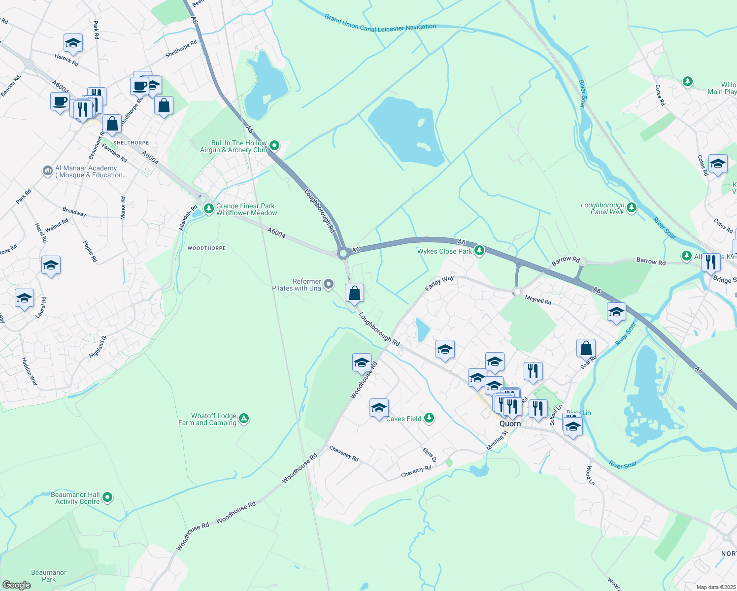 map of restaurants, bars, coffee shops, grocery stores, and more near Dustmoor Drive in Quorn