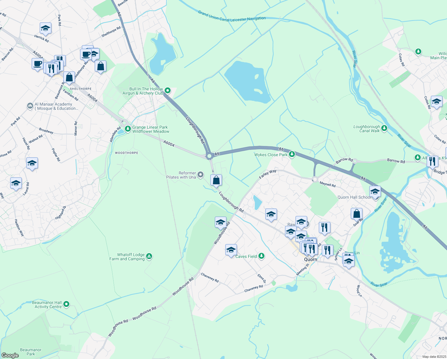 map of restaurants, bars, coffee shops, grocery stores, and more near Dustmoor Drive in Quorn