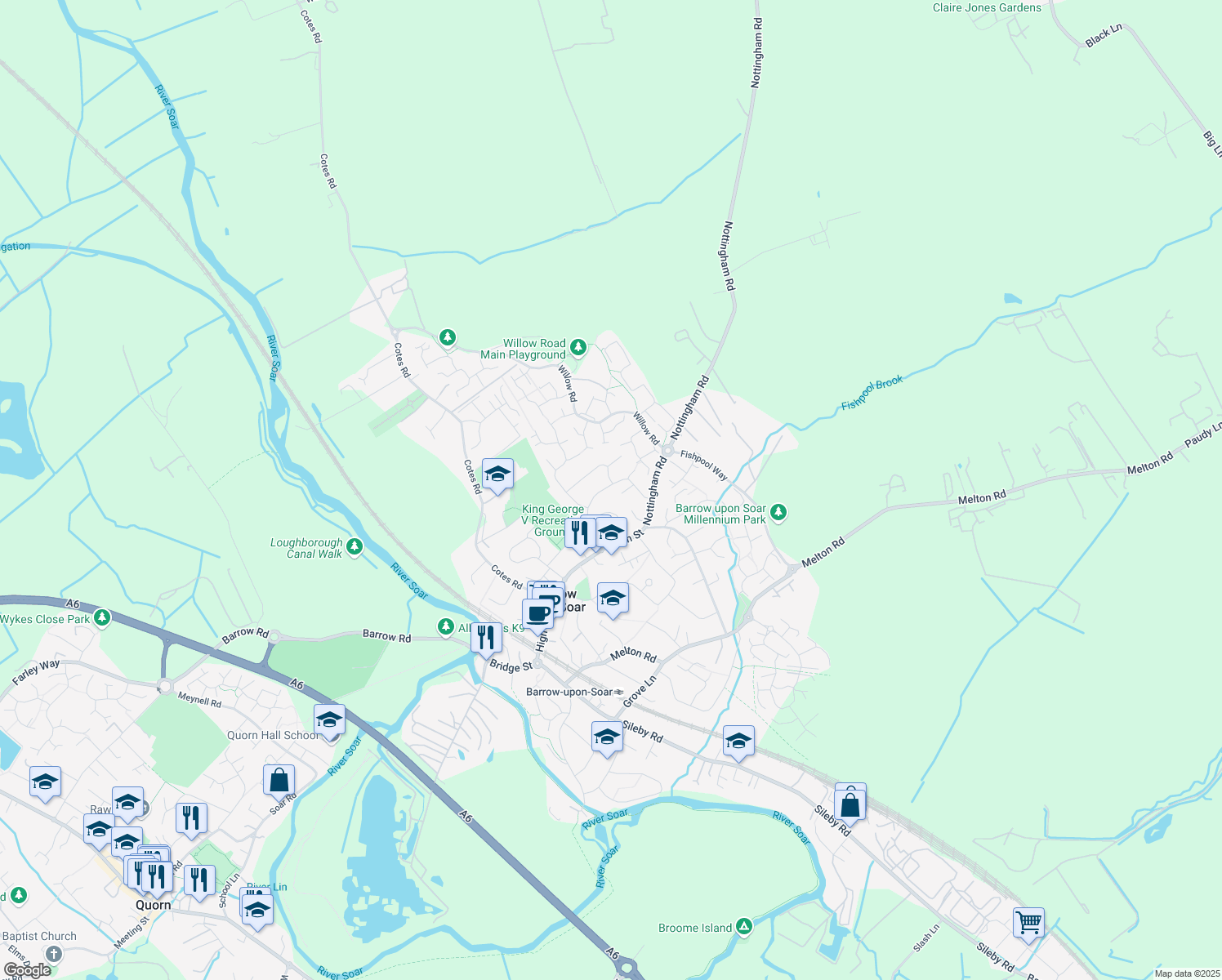 map of restaurants, bars, coffee shops, grocery stores, and more near Ennerdale Road in Barrow upon Soar