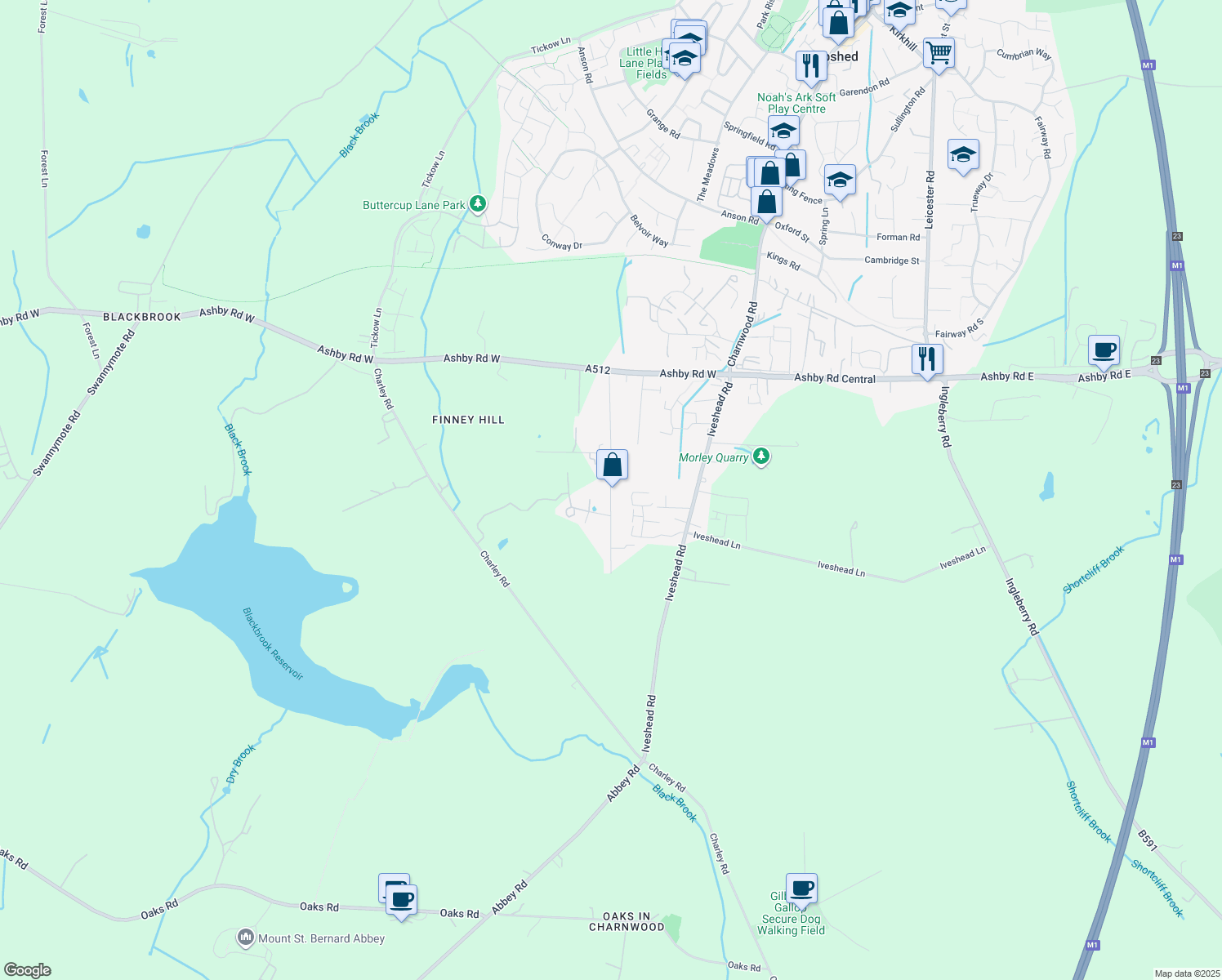 map of restaurants, bars, coffee shops, grocery stores, and more near Brick Kiln Lane in Shepshed