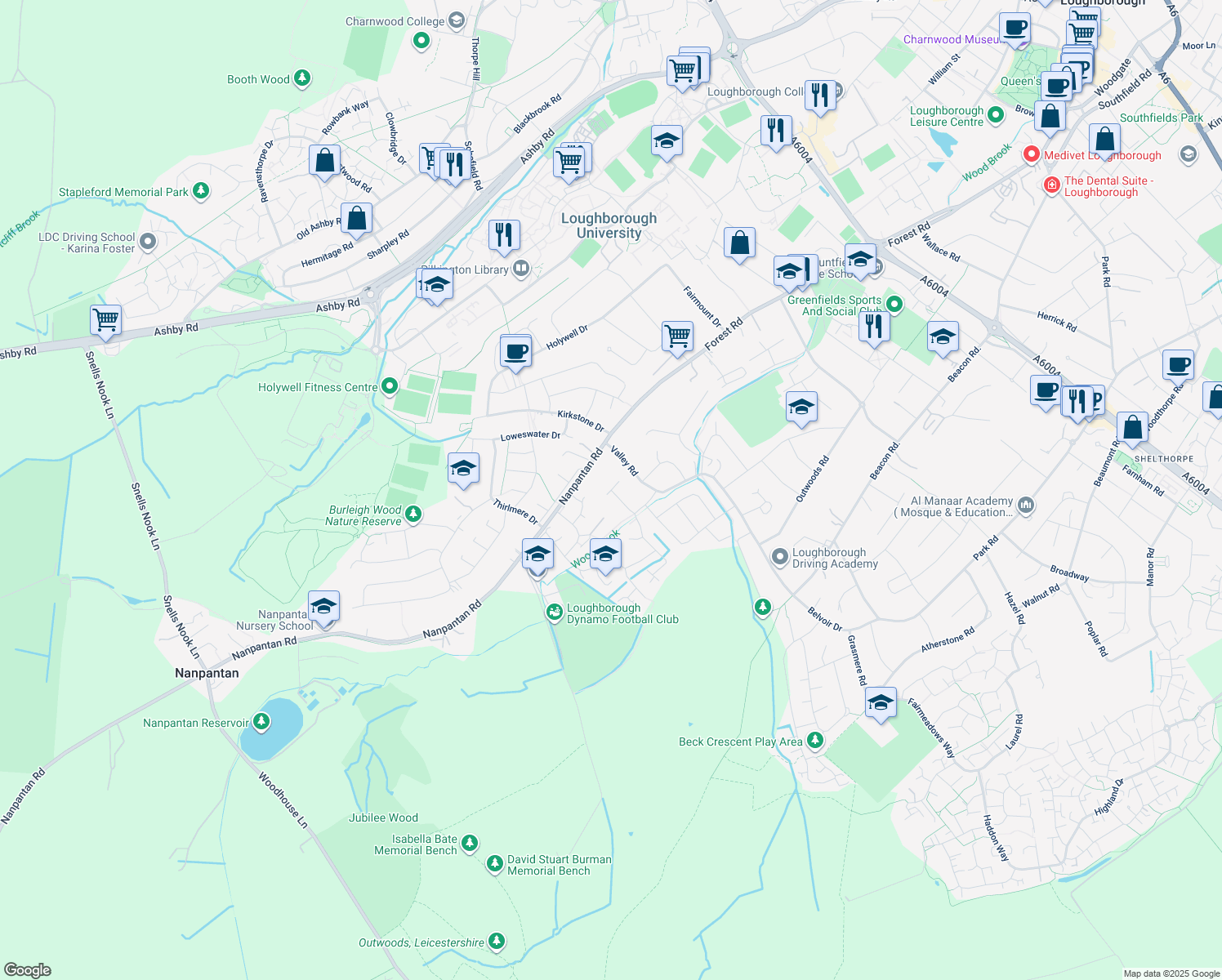 map of restaurants, bars, coffee shops, grocery stores, and more near Brookside Road in Leicestershire