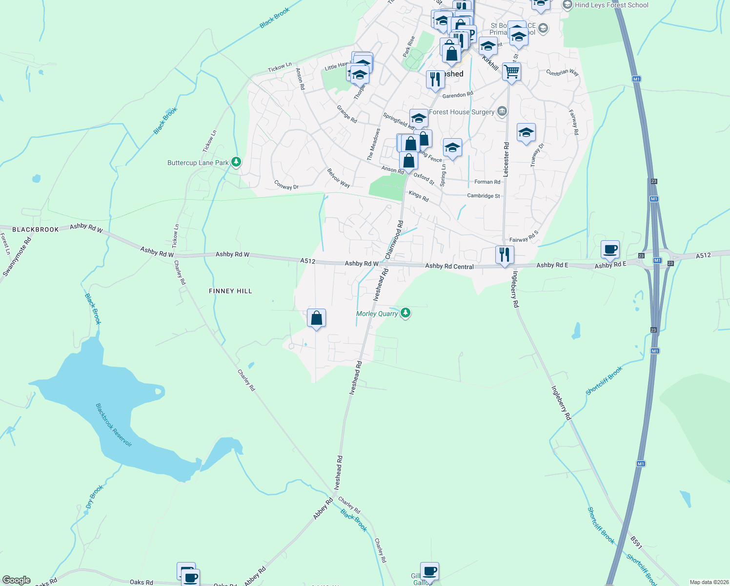 map of restaurants, bars, coffee shops, grocery stores, and more near Abbey Close in Shepshed