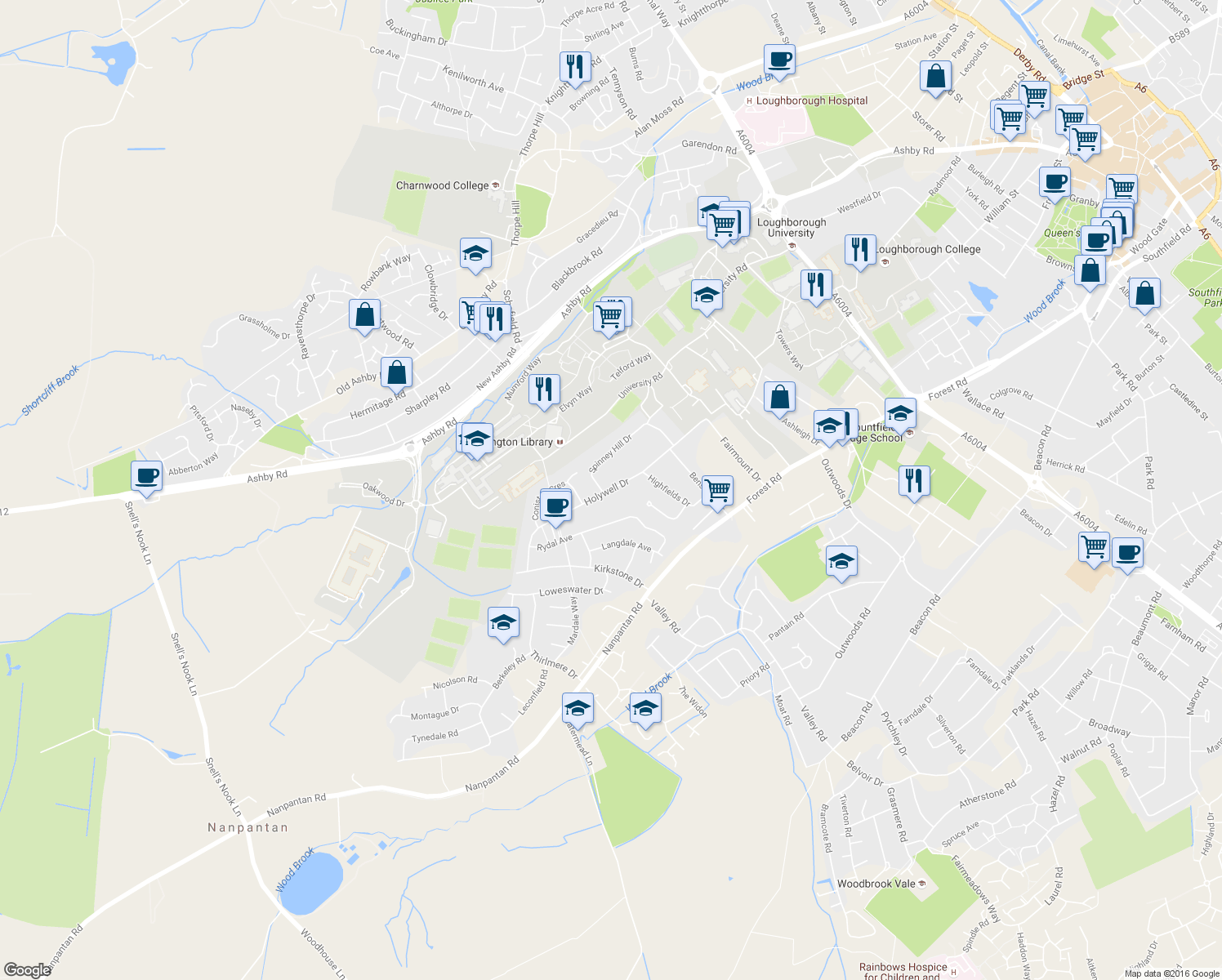 map of restaurants, bars, coffee shops, grocery stores, and more near Holywell Drive in Leicestershire