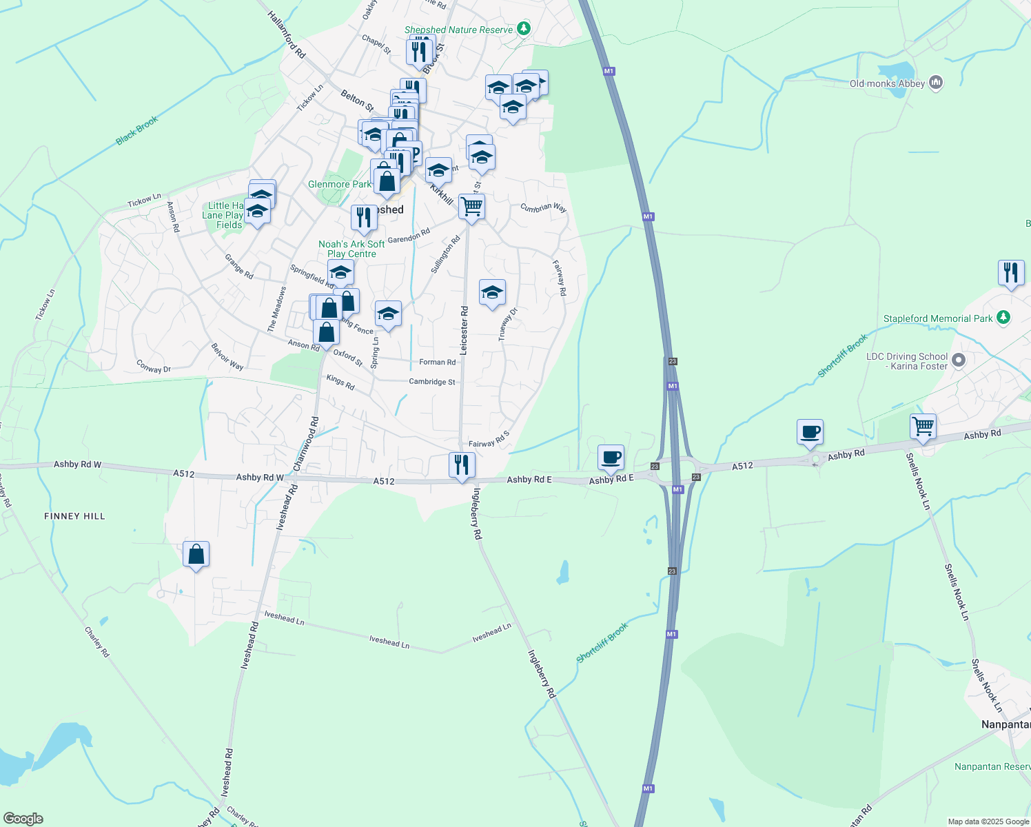 map of restaurants, bars, coffee shops, grocery stores, and more near Fairway Road South in Shepshed