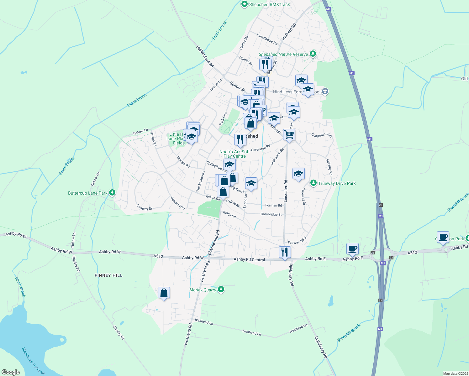 map of restaurants, bars, coffee shops, grocery stores, and more near Ring Fence in Shepshed