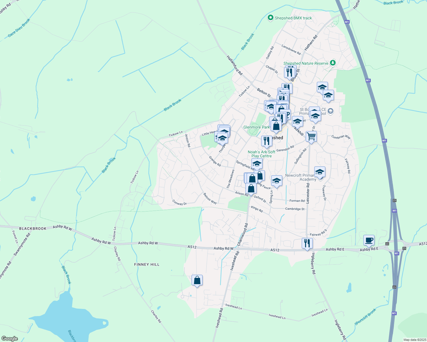 map of restaurants, bars, coffee shops, grocery stores, and more near Griffin Close in Shepshed