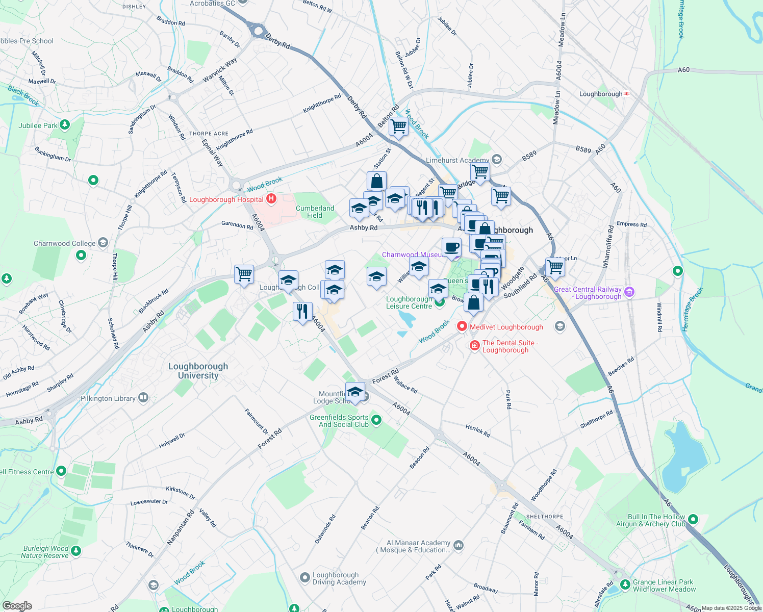 map of restaurants, bars, coffee shops, grocery stores, and more near 74 William Street in Leicestershire