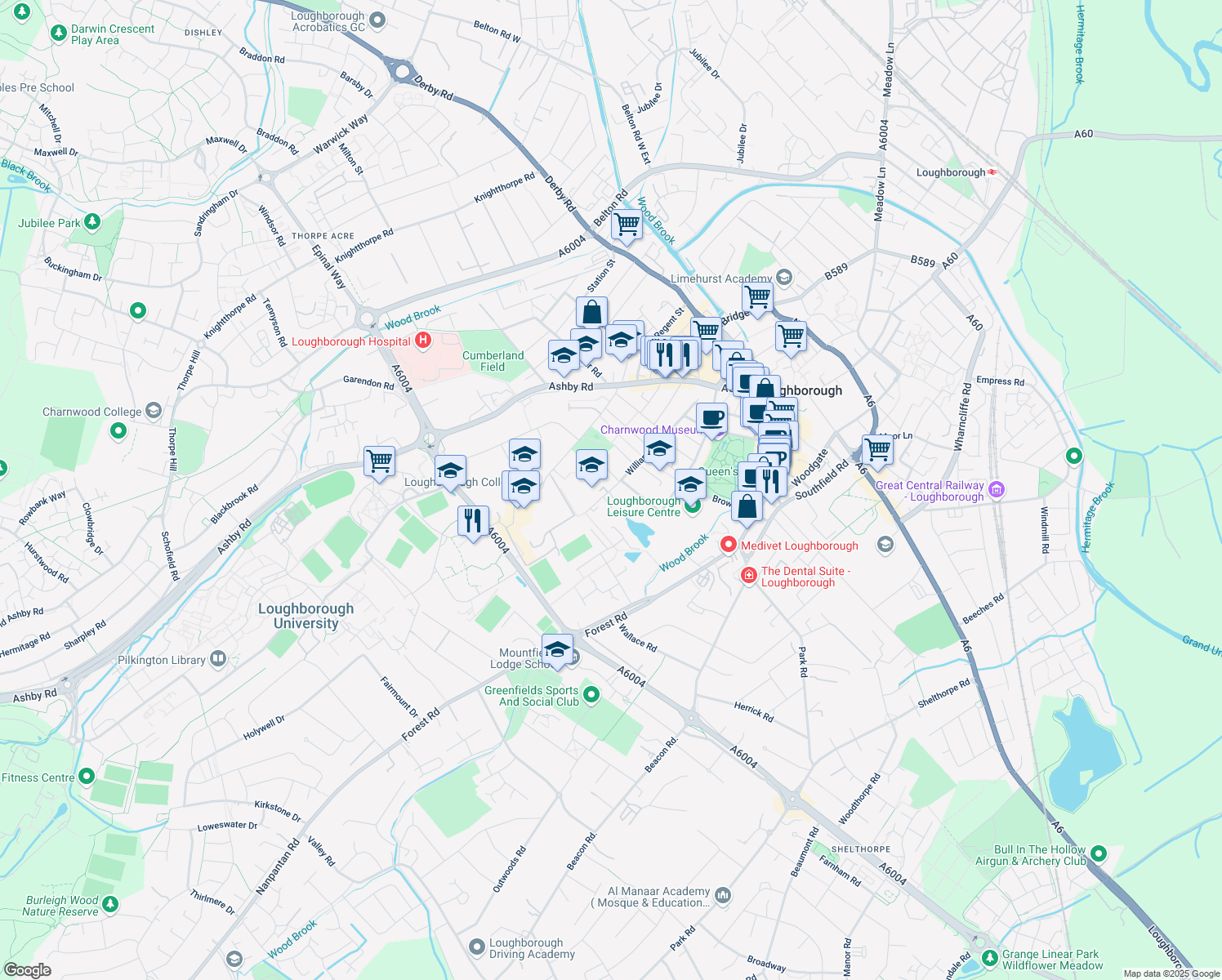map of restaurants, bars, coffee shops, grocery stores, and more near 74 William St in Loughborough