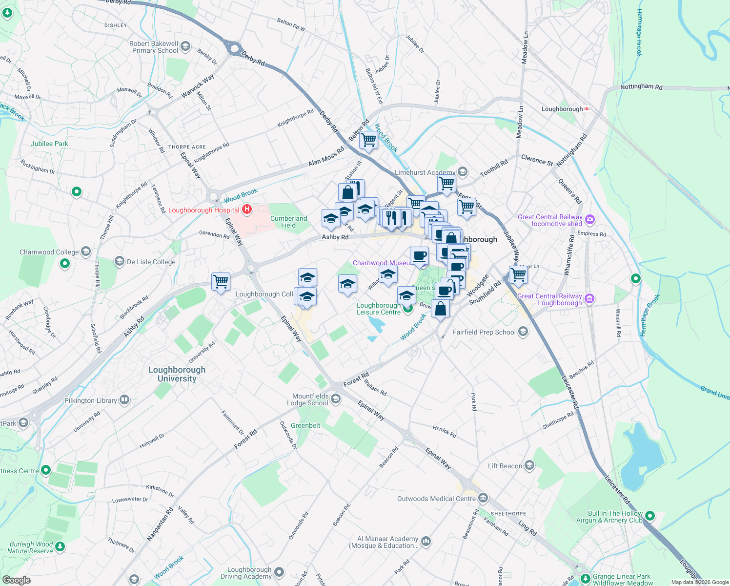 map of restaurants, bars, coffee shops, grocery stores, and more near William Street in Leicestershire