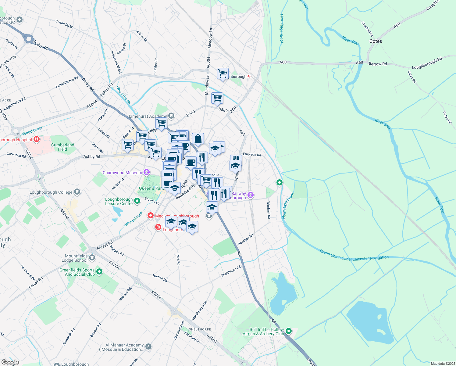 map of restaurants, bars, coffee shops, grocery stores, and more near Limetree Grove in Leicestershire