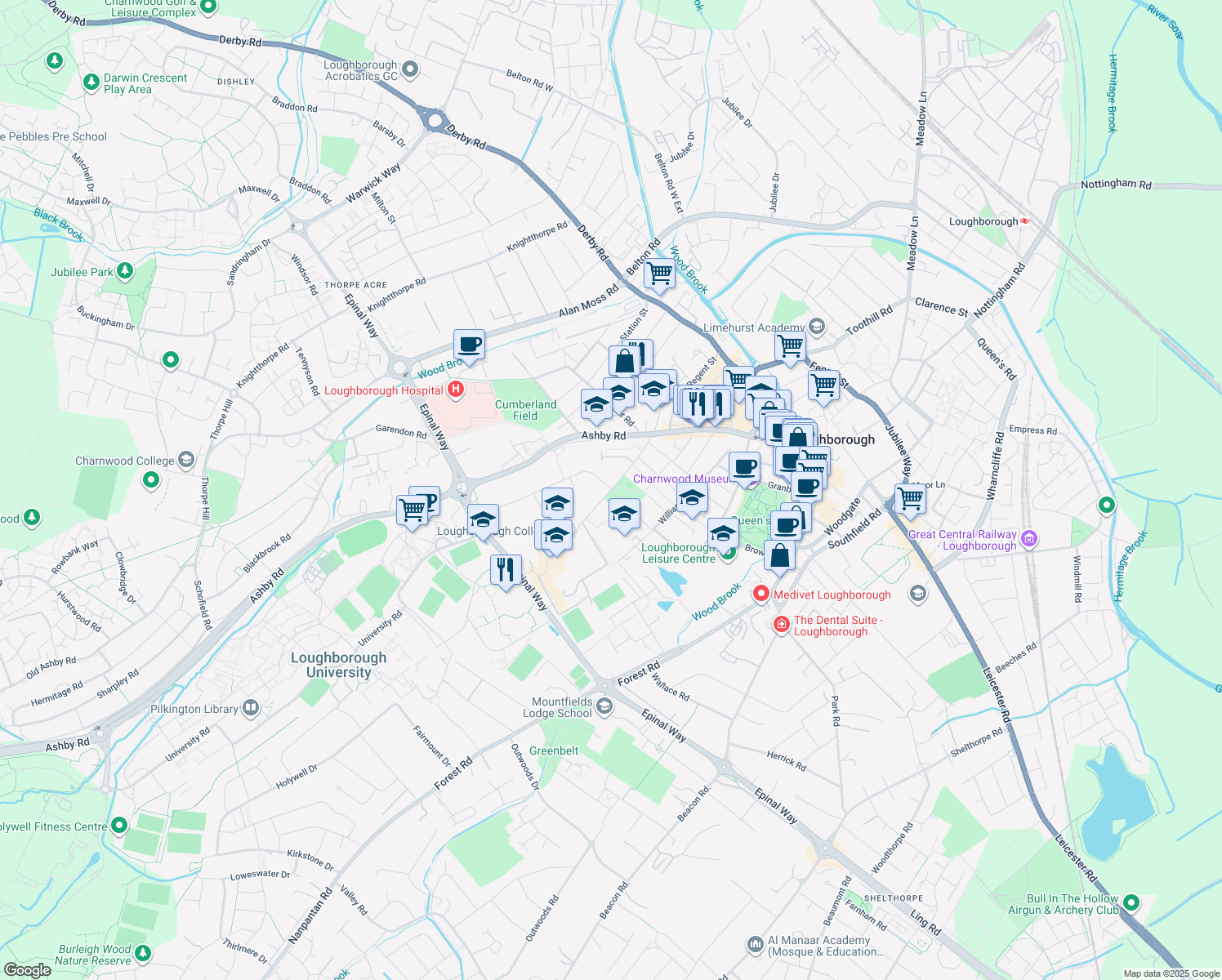 map of restaurants, bars, coffee shops, grocery stores, and more near Radmoor Road in Leicestershire