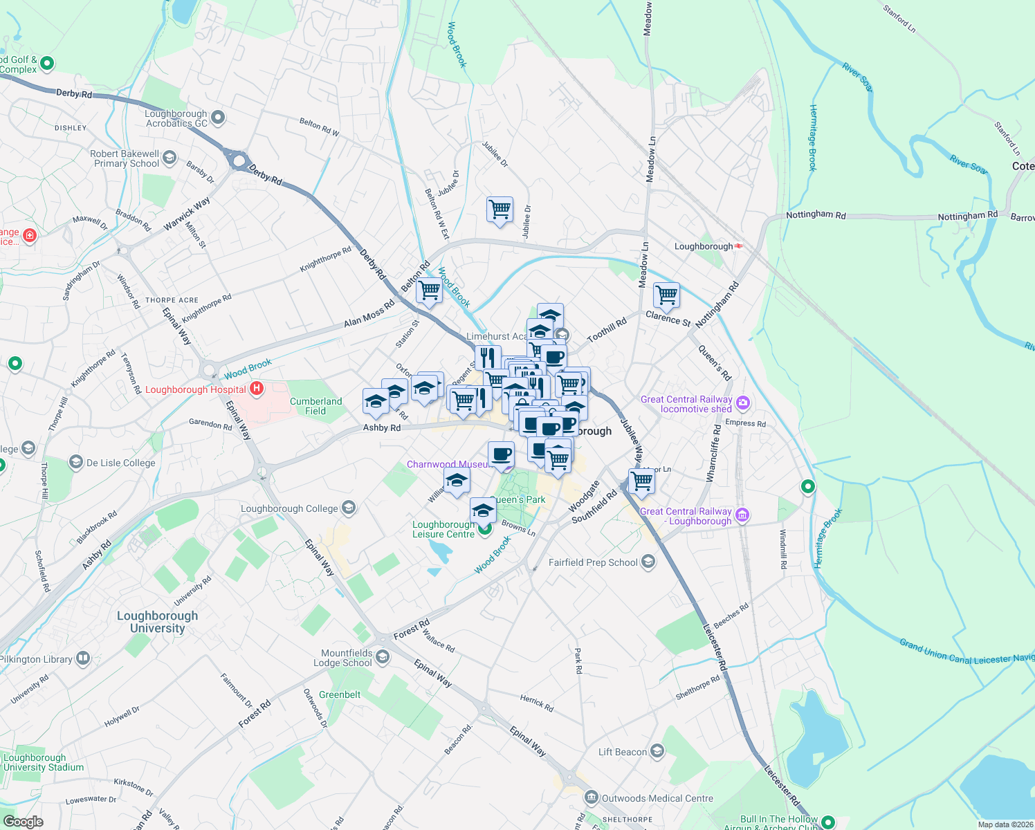 map of restaurants, bars, coffee shops, grocery stores, and more near Greenclose Lane in Leicestershire