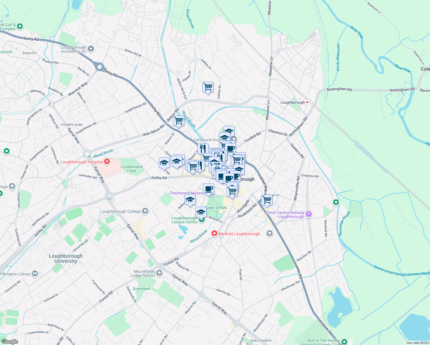 map of restaurants, bars, coffee shops, grocery stores, and more near Greenclose Lane in Leicestershire