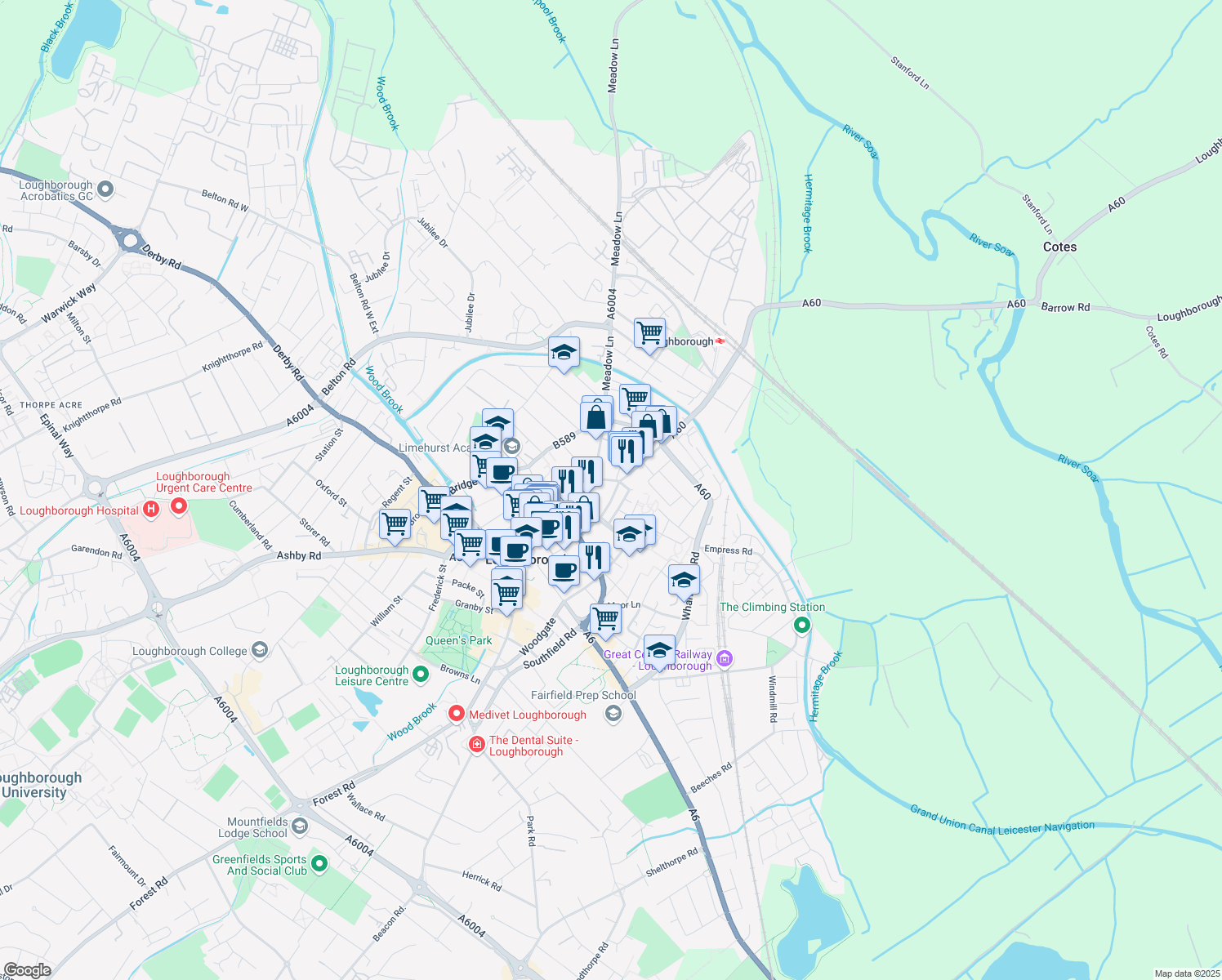 map of restaurants, bars, coffee shops, grocery stores, and more near City Heights in Leicestershire