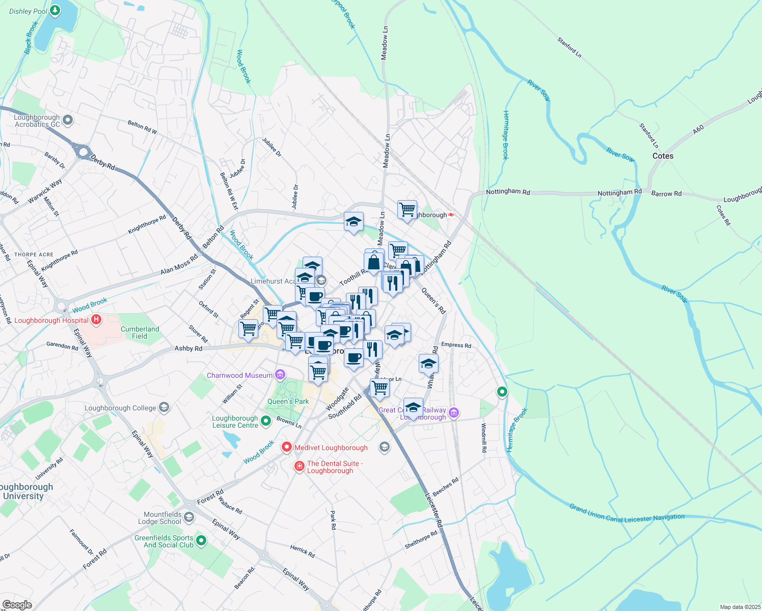 map of restaurants, bars, coffee shops, grocery stores, and more near City Heights in Leicestershire