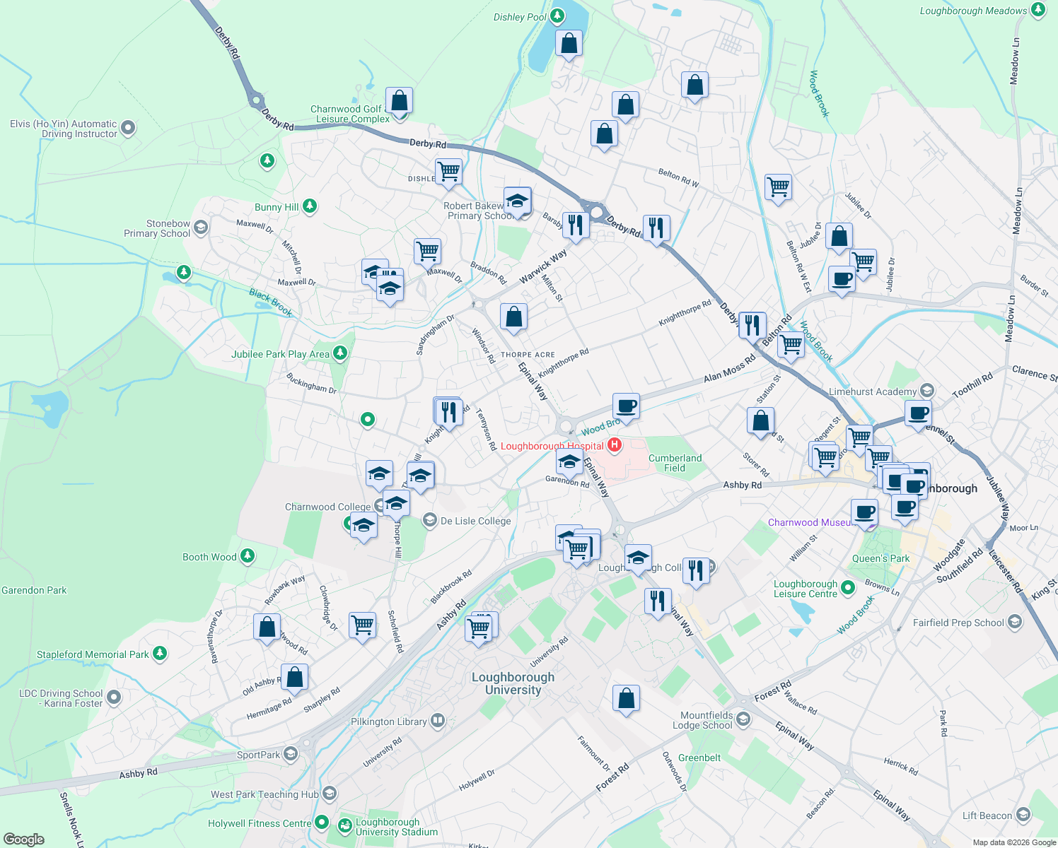 map of restaurants, bars, coffee shops, grocery stores, and more near Burns Road in Leicestershire
