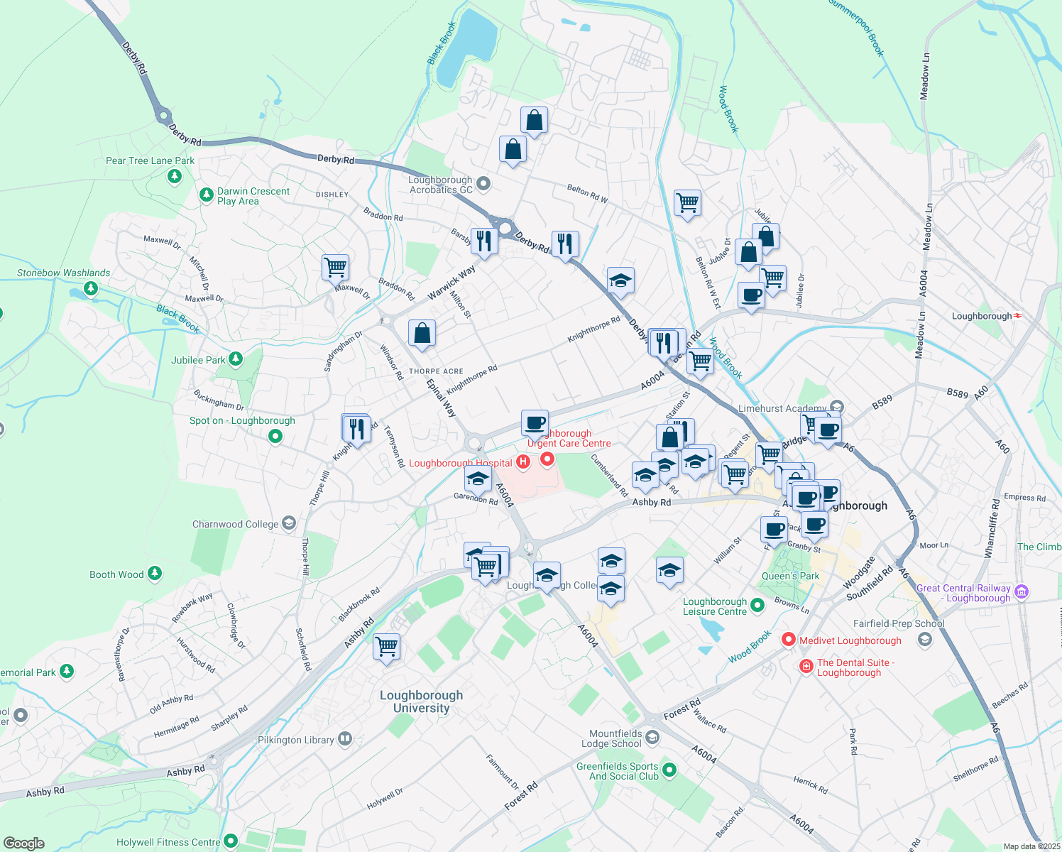 map of restaurants, bars, coffee shops, grocery stores, and more near Alan Moss Road in Leicestershire