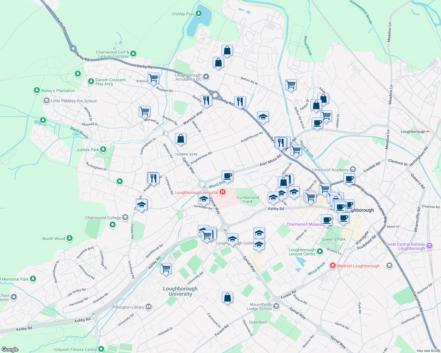 map of restaurants, bars, coffee shops, grocery stores, and more near Alan Moss Road in Leicestershire