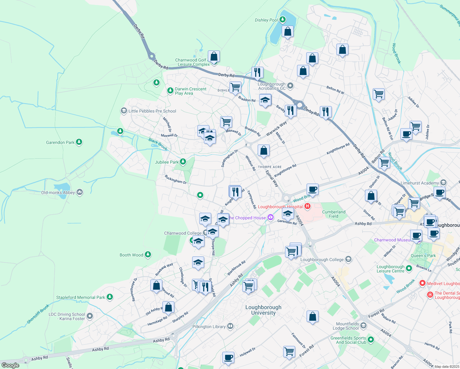 map of restaurants, bars, coffee shops, grocery stores, and more near Thorpe Acre Road in Leicestershire