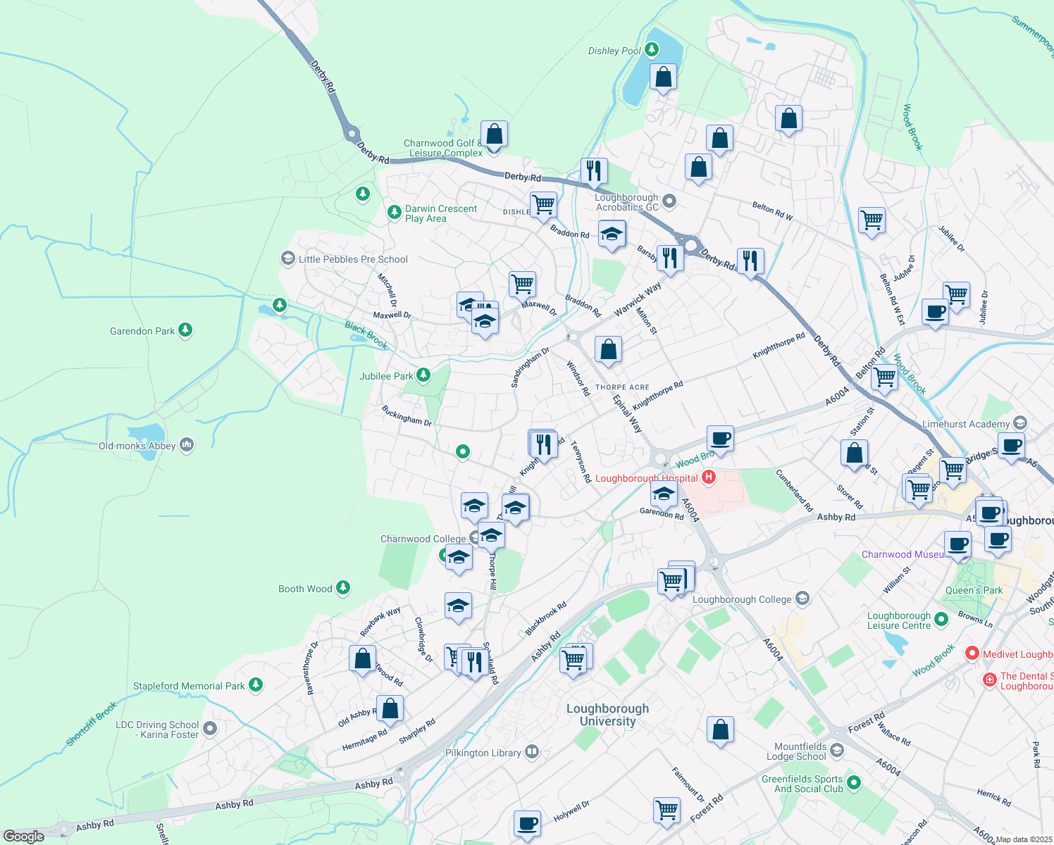 map of restaurants, bars, coffee shops, grocery stores, and more near Thorpe Acre Road in Leicestershire