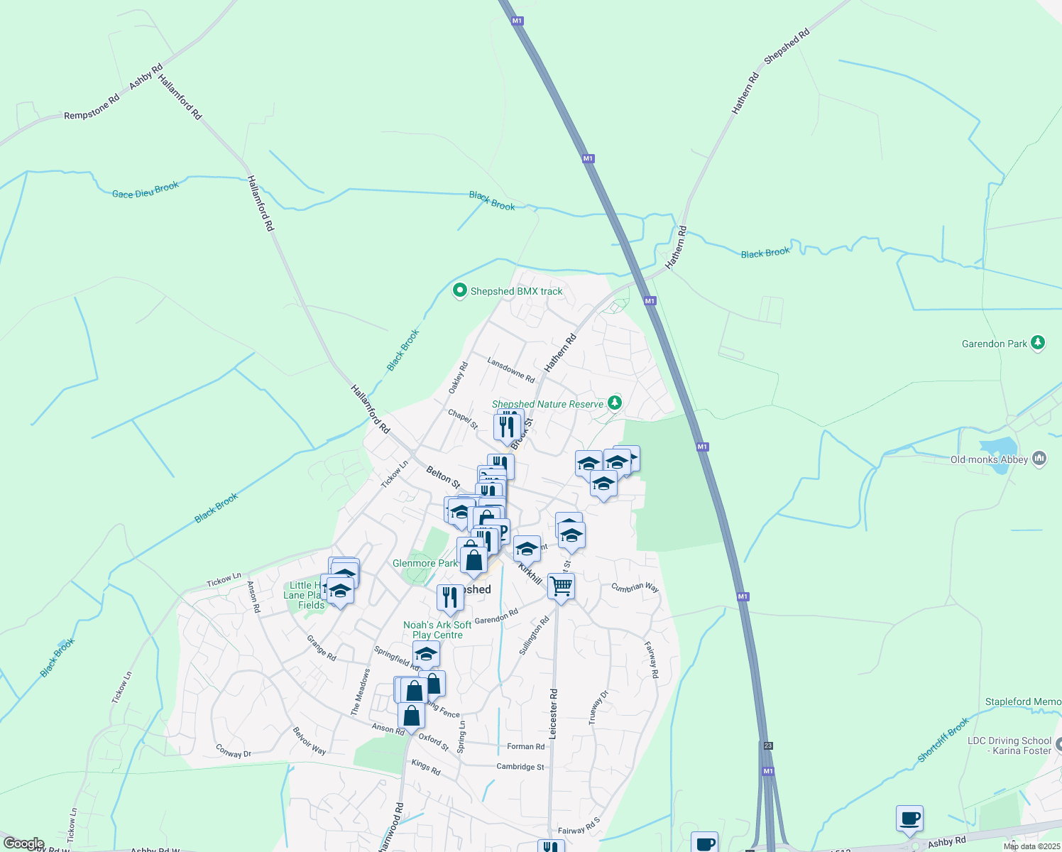 map of restaurants, bars, coffee shops, grocery stores, and more near Watts Drive in Shepshed