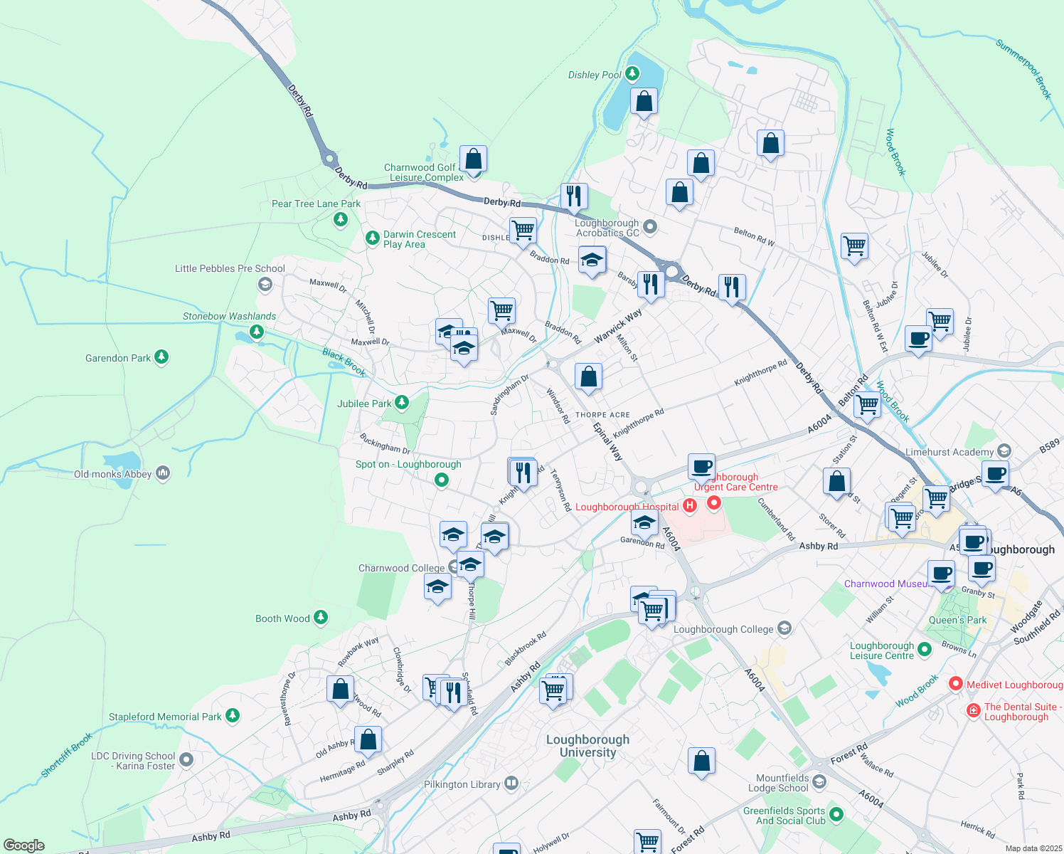 map of restaurants, bars, coffee shops, grocery stores, and more near Thorpe Acre Road in Leicestershire