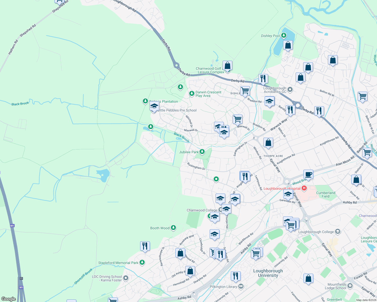 map of restaurants, bars, coffee shops, grocery stores, and more near Buckingham Drive in Leicestershire