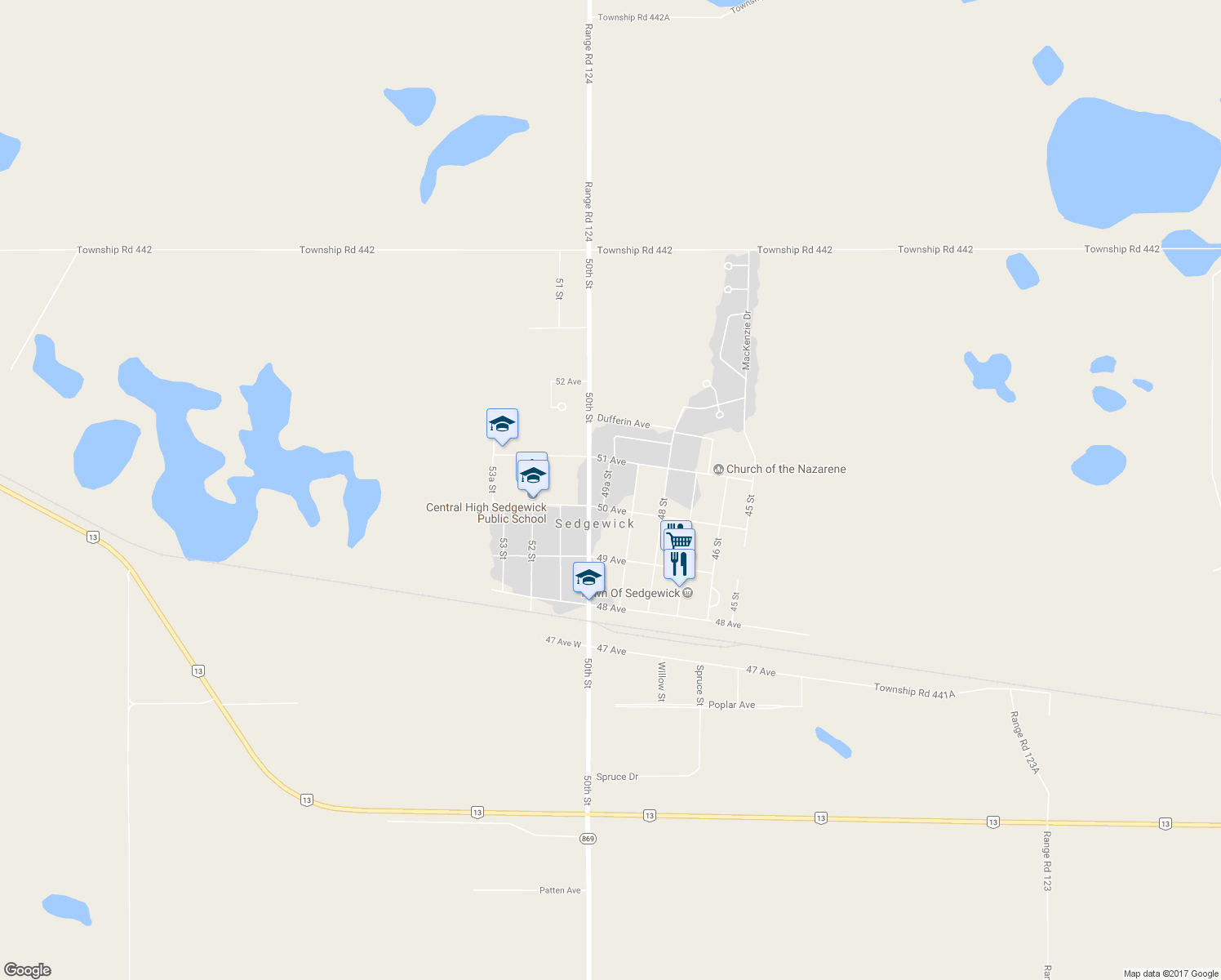 map of restaurants, bars, coffee shops, grocery stores, and more near 5014 49A Street in Sedgewick