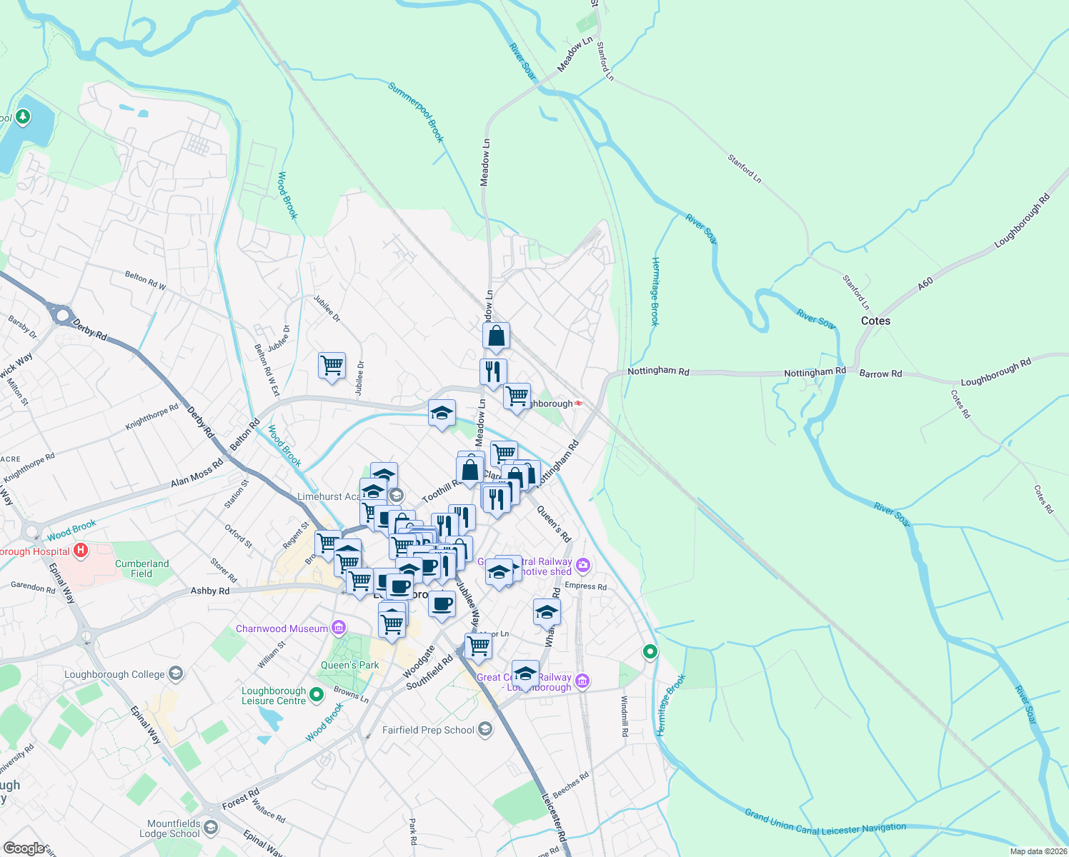 map of restaurants, bars, coffee shops, grocery stores, and more near Ratcliffe Road in Leicester