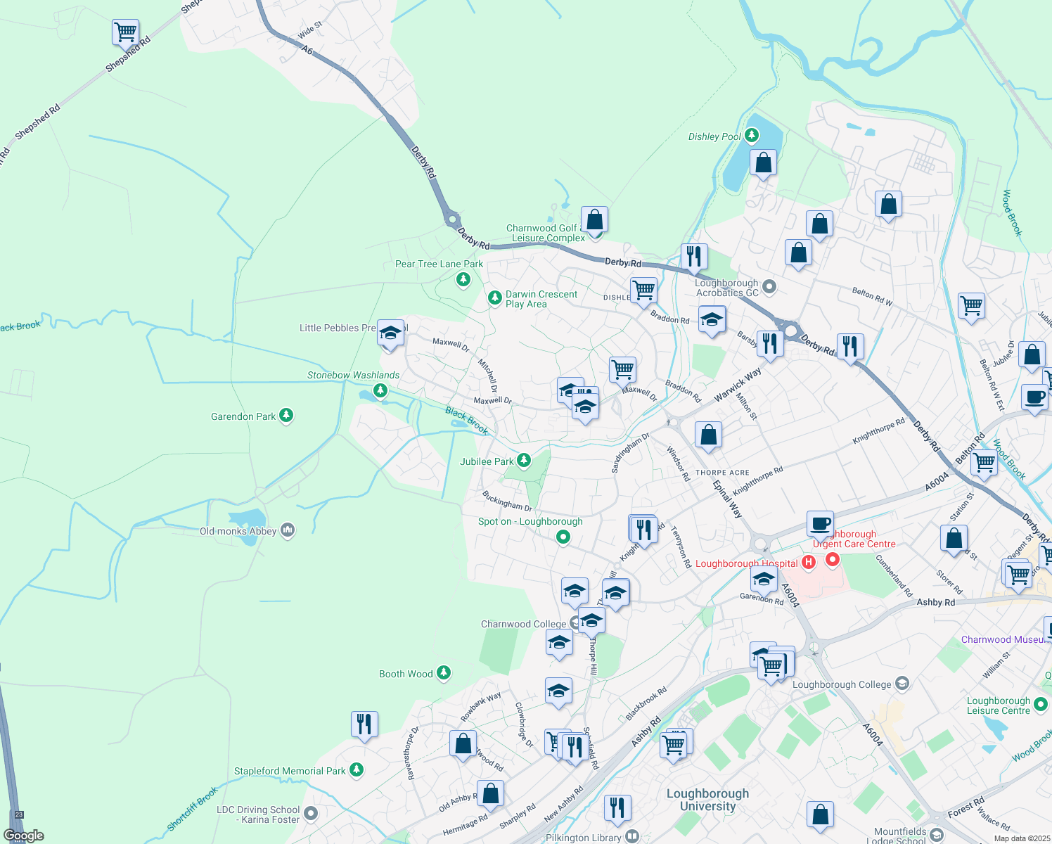 map of restaurants, bars, coffee shops, grocery stores, and more near Hailey Avenue in Leicestershire