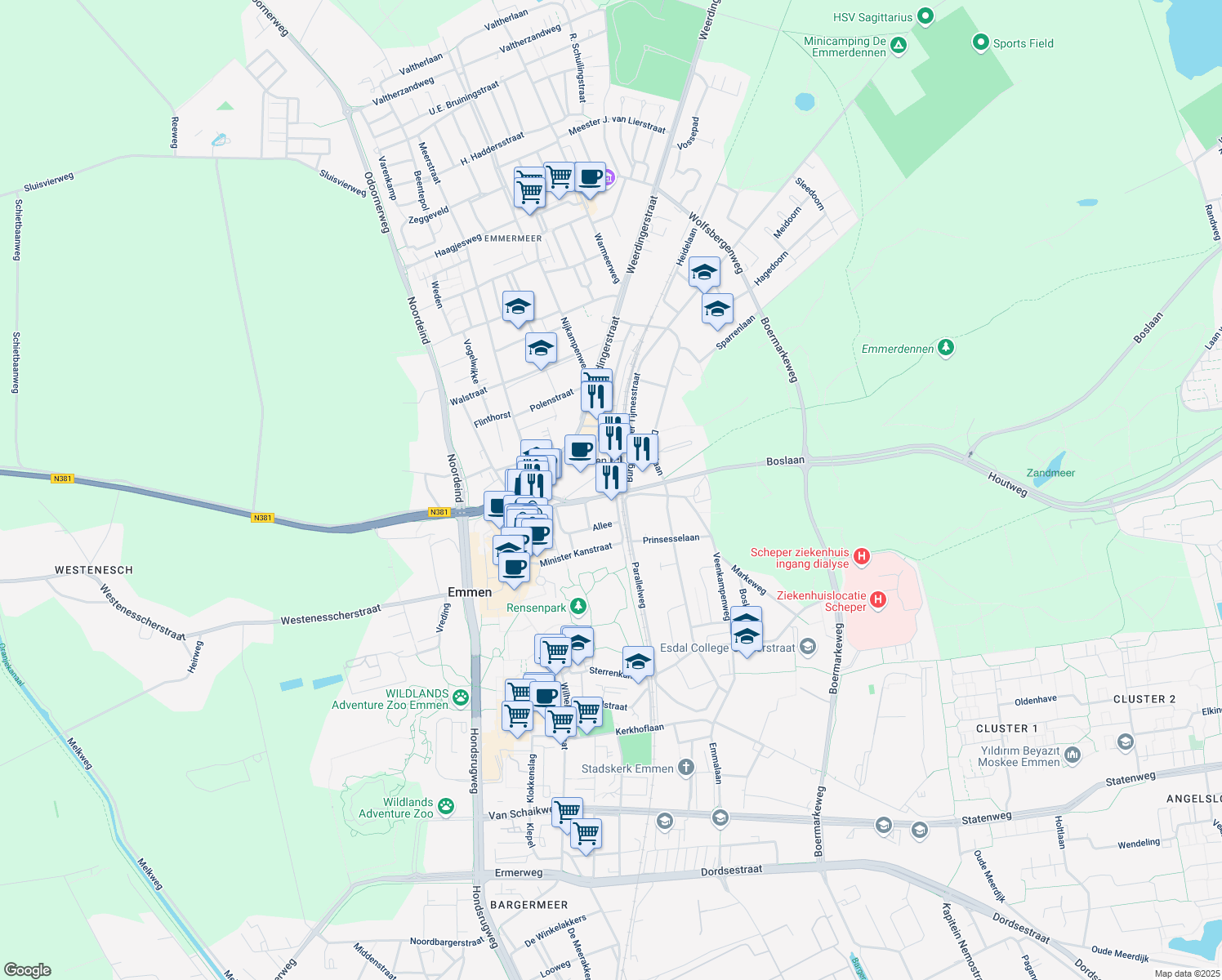 map of restaurants, bars, coffee shops, grocery stores, and more near Stationsplein in Emmen