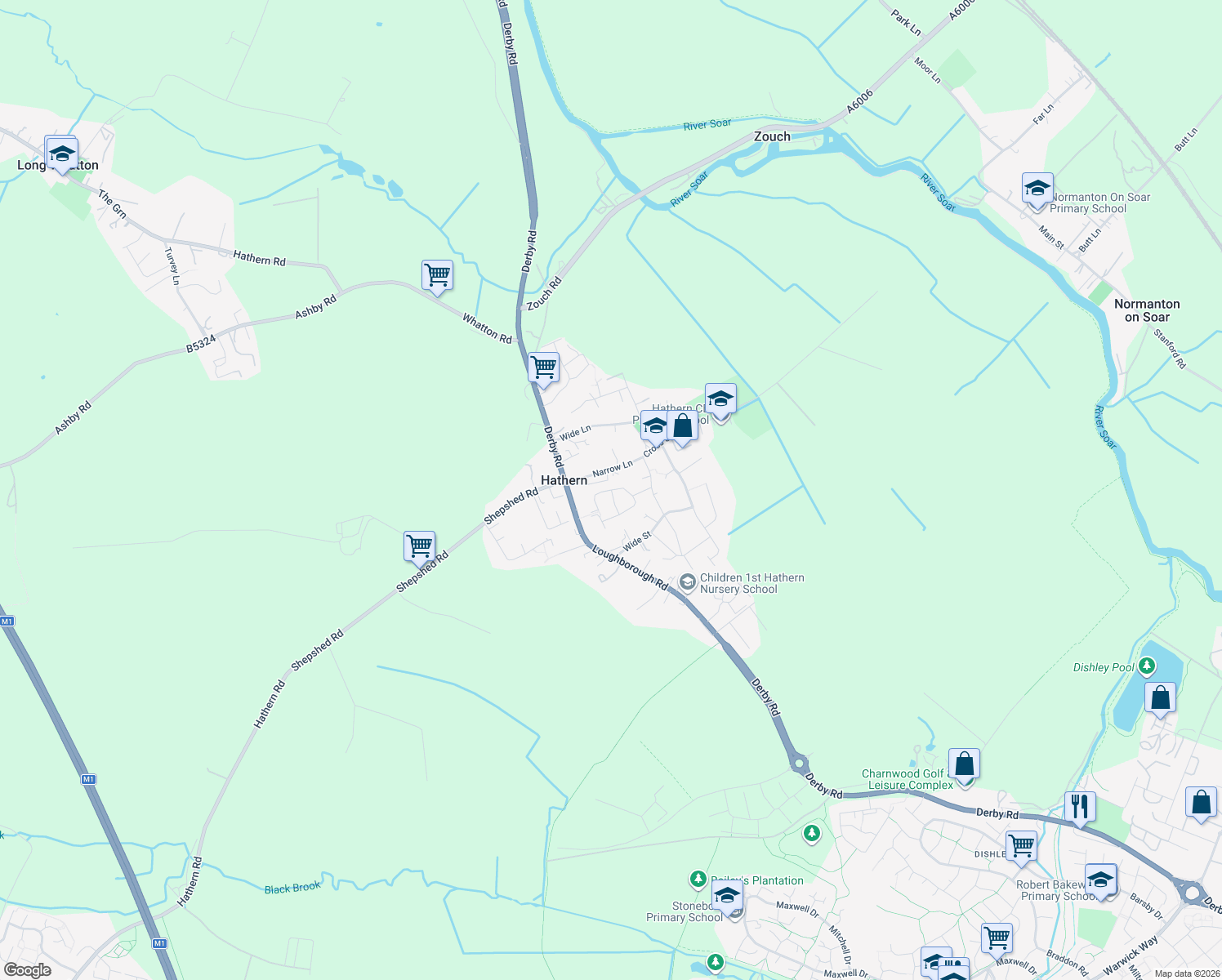 map of restaurants, bars, coffee shops, grocery stores, and more near High Meadow in Hathern