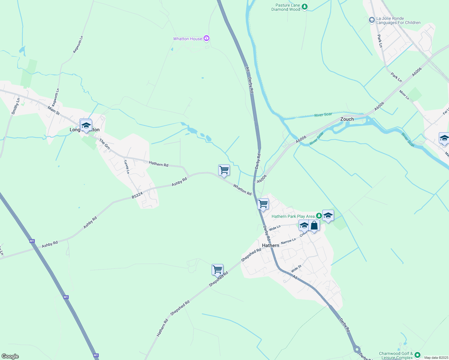 map of restaurants, bars, coffee shops, grocery stores, and more near Whatton Road in Hathern